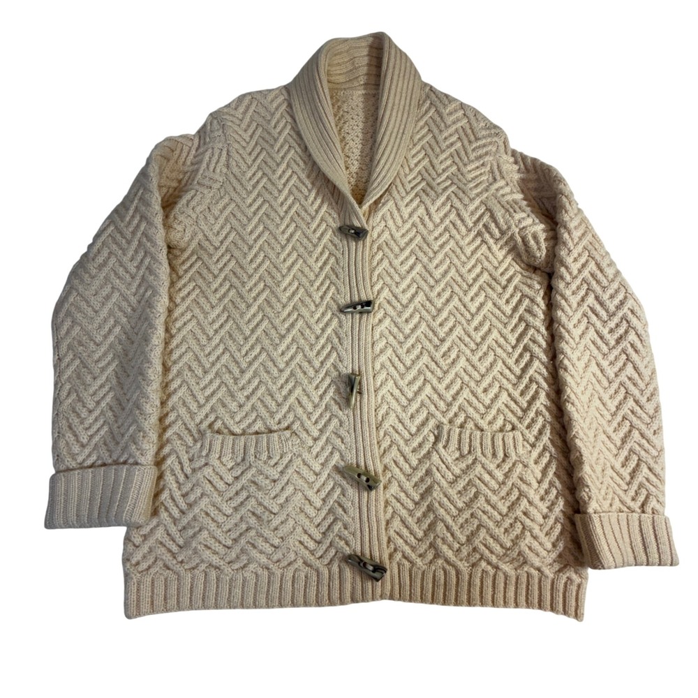 Vintage Wool Cardigan Size L Cream Herringbone Shawl Collar Toggle